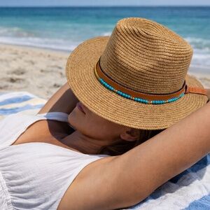 Stylish Tan Straw Hat with Beaded Band